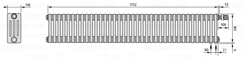 Схема (чертеж) Радиатор Zehnder Charleston 4030/37 №V002 Белый глянцевый RAL 9016